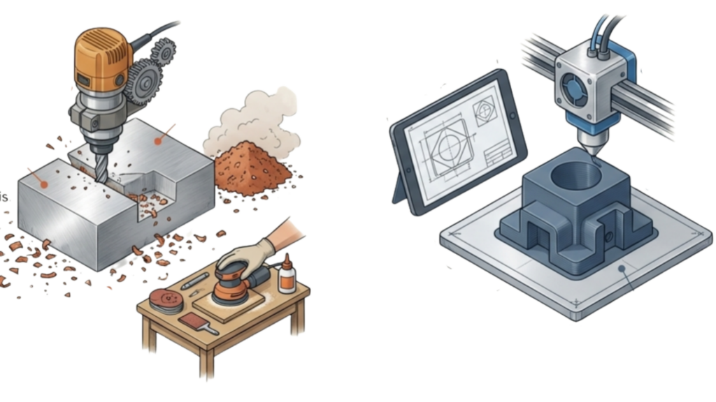 diferença entre fabricação tradicional versus impressão 3D da comunicação visual